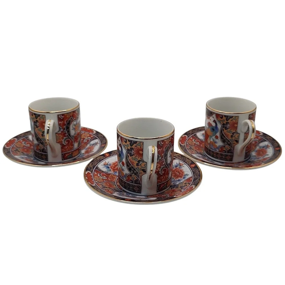 Vintage‎ Japanese Imari Arita Demitasse Cups Saucers Peacock Handmade Six Pieces